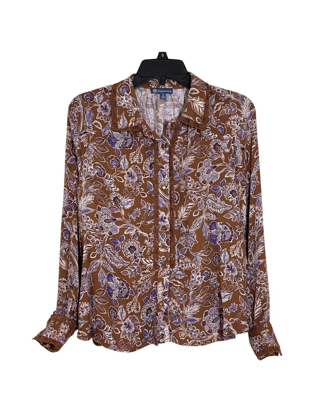 NWT Democracy Small Top Long Sleeve Button Up Brown Cream Purple Floral Lace